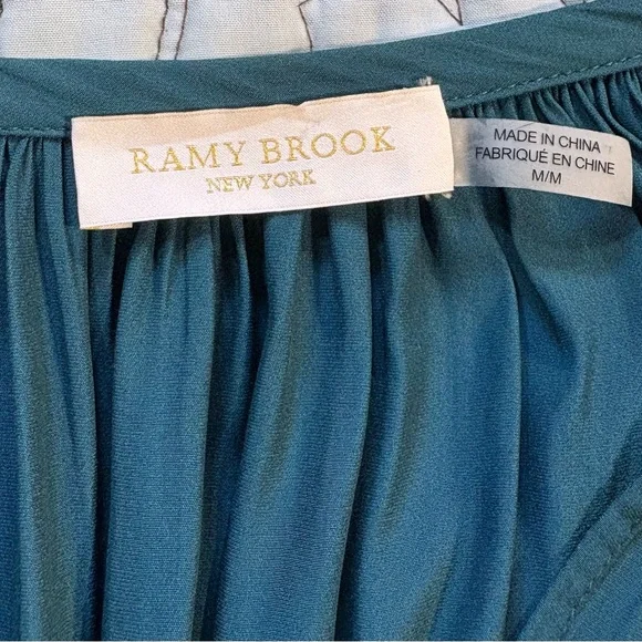 Ramy Brook Teal Embellished V Neck Gathered Sleeve Blouse Sz Medium🧡 - Picture 7 of 10